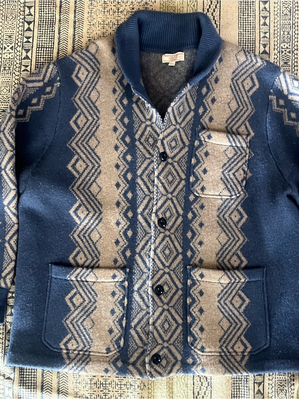 Wallace & Barnes Blue and Tan Patterned Button Cardigan Sweater